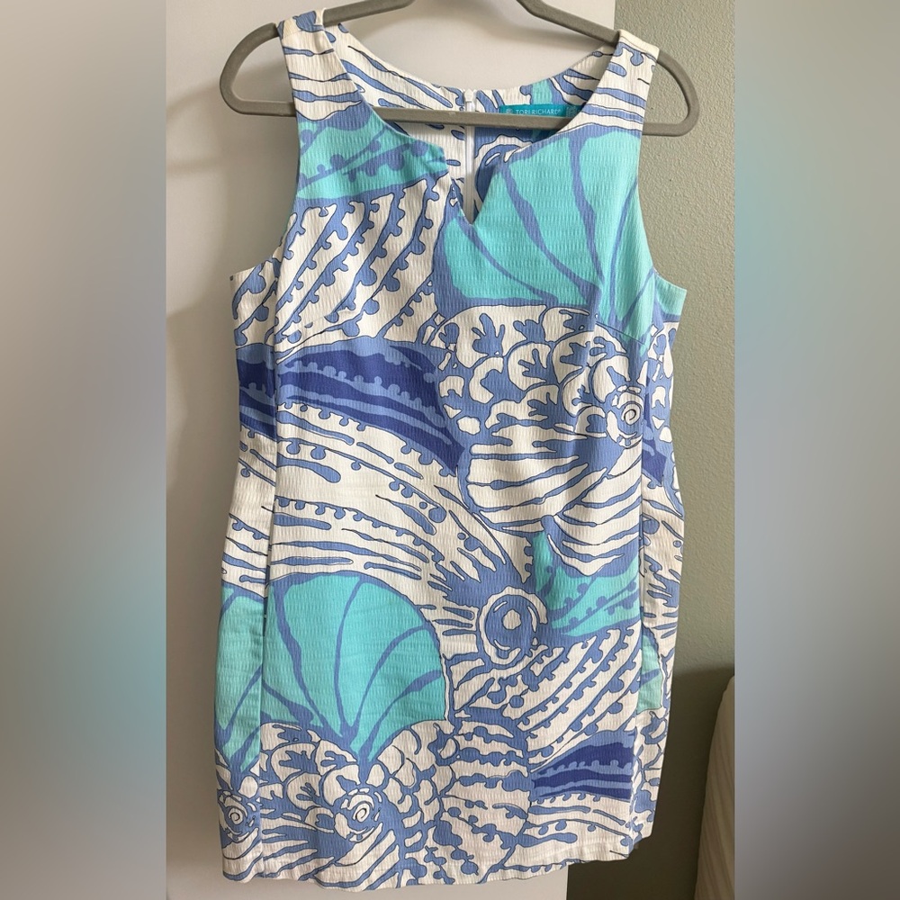 TORI RICHARD Adele Dress Hawaiian Shift Dress Blue and White Size 12 Large